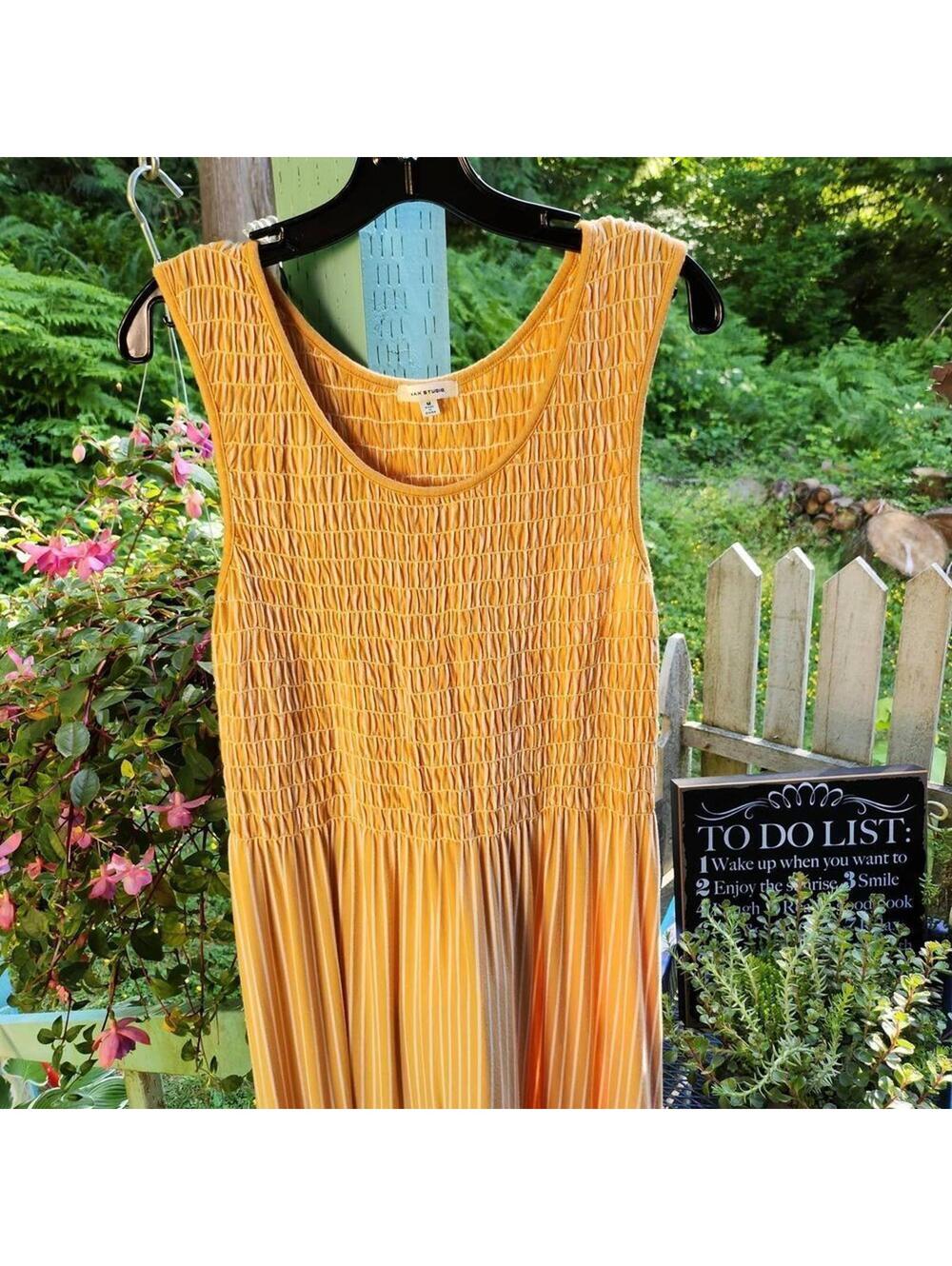 Max Studio Mustard Stripe Smocked Maxi Dress Medium Sleeveless - Picture 4 of 6